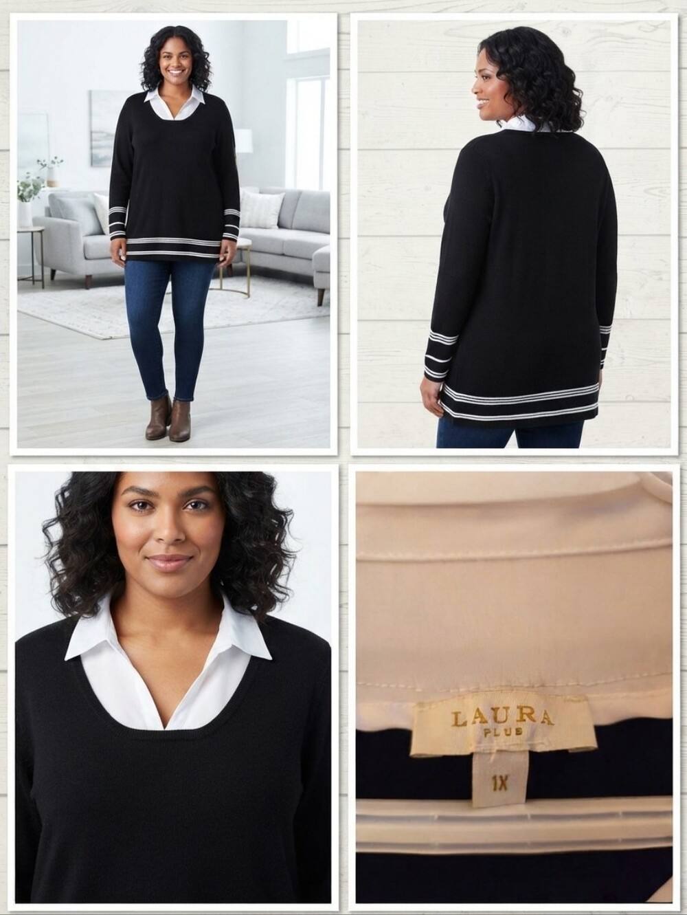 Laura Plus Black White Layered Collar Sweater Tunic Top Size 1X